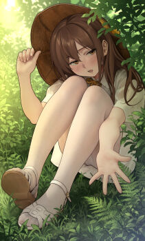 1girl absurdres adjusting_clothes adjusting_headwear blush bow bowtie brown_eyes brown_hair chinese_commentary commentary_request dress full_body grass hair_between_eyes hat highres knees_up long_hair looking_at_viewer on_grass on_ground open_mouth original outdoors outstretched_arm panties panties_under_pantyhose pantyhose plant shoes sitting underwear white_dress white_panties white_pantyhose white_shoes yellow_bow yellow_bowtie yewang19