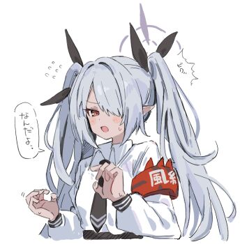1girl armband black_necktie blue_archive collared_shirt commentary dark-skinned_female dark_skin flying_sweatdrops grey_hair hair_over_one_eye halo hands_up iori_(blue_archive) long_hair long_sleeves looking_at_viewer necktie pointy_ears red_armband red_eyes shirt solo translation_request twintails white_shirt youbi_(0ver_sd)