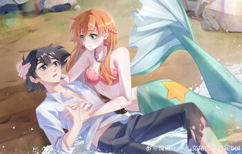 1boy 1girl absurdres artist_request ash_ketchum beach bead_necklace beads bikini black_eyes black_hair black_pants blush breasts cleavage closed_mouth collarbone collared_shirt day earrings eye_contact green_eyes hair_between_eyes hair_ornament hetero highres holding_hands jewelry long_hair long_sleeves looking_at_another lying medium_breasts mermaid mermaid_misty_(pokemon) misty_(pokemon) monster_girl monsterification navel necklace nintendo on_back open_mouth orange_hair outdoors pants pearl_necklace pokemon pokemon_(anime) pokemon_(classic_anime) rock sand seashell shell shell_bikini shirt shore short_hair sleeves_rolled_up smile source_request swimsuit torn_clothes water white_shirt