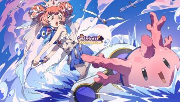 1girl :d bare_shoulders bikini bird black_dress blue_shorts blue_sky bracelet corsola crown double_bun dress gen_2_pokemon gen_3_pokemon gen_7_pokemon hair_bun highres jewelry looking_at_another looking_at_viewer nintendo on_shoulder open_mouth outdoors pink_hair pokemon pokemon_(creature) pokemon_on_shoulder popplio sea_lion seashell shell short_hair shorts sky smile standing surfing swimsuit upper_body water white_bikini wingull wulie_errr yellow_eyes