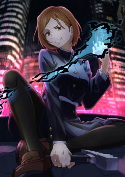 1girl :d absurdres aura black_jacket blurry blurry_background brown_eyes brown_hair brown_shoes buttons cityscape commentary dual_wielding eyelashes fighting_stance full_body girugiru_(tektonics6588) grin hammer hand_up highres holding holding_hammer holding_nail jacket jpeg_artifacts jujutsu_kaisen knee_up kugisaki_nobara loafers long_sleeves looking_at_viewer nail_(hardware) night nose open_mouth outdoors parted_bangs shoes short_hair smile solo spread_legs v-shaped_eyebrows