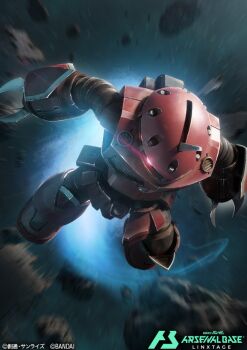 claw_(weapon) copyright_logo copyright_name copyright_notice glowing glowing_eye gundam gundam_arsenal_base gundam_seed gundam_seed_freedom horns kumagoro1108 logo mecha mobile_suit no_humans official_art one-eyed pink_eyes robot science_fiction single_horn solo thrusters weapon z&#039;gok_(seed)