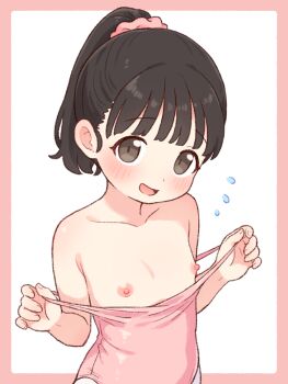 1girl black_eyes black_hair blush border collarbone commentary_request dot_nose flat_chest flying_sweatdrops leotard leotard_pull loli looking_at_viewer nipples onyhakase open_mouth original pantyhose pink_border pink_leotard ponytail short_hair simple_background smile solo water_drop white_background white_pantyhose