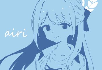 1girl absurdres airi_(blue_archive) blue_archive blue_background blue_theme character_name closed_mouth halo hashtag-only_commentary highres jacket long_hair looking_at_viewer monochrome parted_bangs pixel_art simple_background slmnk10124 smile solo upper_body