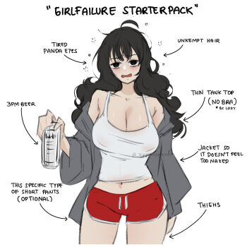 1girl arrow_(symbol) beer_can black_hair breasts can cleavage commentary diagram drink_can drunk english_commentary english_text grey_jacket hair_between_eyes highres holding jacket jacket_partially_removed large_breasts long_hair looking_at_viewer mamaprofennn navel off_shoulder open_mouth original red_shorts shirt shorts solo tank_top white_background white_tank_top