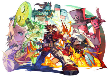 1girl 1other 3boys a.b.a bird black_gloves black_hat blonde_hair blue_eyes bridget_(guilty_gear) brown_hair commentary company_name copyright_name copyright_notice cropped_jacket crow english_commentary fingerless_gloves fire full_body gloves group_picture guilty_gear guilty_gear_strive hat high_ponytail highres holding holding_sword holding_weapon hungry_clicker jacket long_hair multiple_boys official_art pants ponytail potemkin_(guilty_gear) red_jacket second-party_source sol_badguy solo_focus sword testament_(guilty_gear) top_hat trap weapon