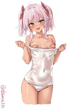 1girl artist_name bandaid bandaids_on_nipples blush breasts collarbone comandante_cappellini_(kancolle) commentary_request covered_navel cropped_legs dark-skinned_female dark_skin ebifurya highres i-503_(kancolle) kantai_collection looking_at_viewer multicolored_hair one-hour_drawing_challenge one-piece_swimsuit open_mouth pasties purple_streaks simple_background small_breasts smile solo streaked_hair swimsuit thighs twitter_username white_background white_hair white_one-piece_swimsuit yellow_eyes