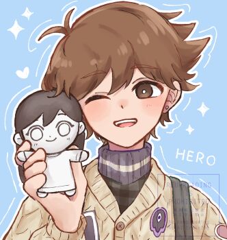 Rule 34 | 1boy, alternate eye color, antenna hair, blue background, blush, bright pupils, brown eyes, brown hair, cardigan, character doll, character name, commentary, dark-skinned male, dark skin, doll, double-parted bangs, ear piercing, hair between eyes, heart, hero (birthday) (omori), hero (faraway) (omori), hero (omori), highres, holding, holding stuffed toy, imo mo 0, looking at viewer, male focus, mari (omori), mari (spirit) (omori), official alternate costume, omori, one eye closed, open mouth, piercing, short hair, smile, solo, something (omori), stuffed animal, stuffed toy, sweater, symbol-only commentary, teeth, turtleneck, turtleneck sweater, upper body, upper teeth only, watermark, white cardigan, white pupils