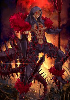 1boy abs animal_skeleton armored_boots armored_gloves blue_hair bone boots capelet chest_tattoo cu_chulainn_(fate) cu_chulainn_alter_(fate) dark-skinned_male dark_skin diffraction_spikes dragon_tail earrings elbow_gloves embers facial_tattoo fate/grand_order fate_(series) fiery_background fire foot_out_of_frame foot_up full_moon fur-trimmed_boots fur-trimmed_capelet fur_trim gae_bolg_(fate) gloves grin hair_over_shoulder holding holding_polearm holding_weapon hood hood_up jewelry long_hair looking_at_viewer male_focus moon official_art pants pectorals polearm purple_boots purple_capelet purple_gloves purple_hood purple_pants red_moon sharp_teeth shimadoriru skeleton smile solo sparkle spear spikes standing tail tattoo teeth third-party_source toned toned_male variant_set weapon