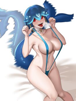 1girl bao_the_whale blue_hair blue_slingshot_swimsuit blush breasts breath collarbone dot_nose excited feet_out_of_frame female_focus from_above from_side hands_up heavy_breathing indie_virtual_youtuber knees_together_feet_apart large_breasts looking_at_viewer looking_to_the_side looking_up medium_hair motion_blur navel nico-mo open_mouth red_eyes sideways_glance simple_background sitting slingshot_swimsuit solo swimsuit tail teeth thumbs_up tongue tongue_out virtual_youtuber whale_girl white_background