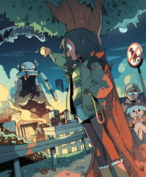 1boy 1girl animal ball black_hair black_leggings blue_skirt boots building carles_dalmau city dog fence full_moon fur-trimmed_boots fur_trim godzilla godzilla_(series) hand_in_pocket hat highres holding holding_animal holding_ball holding_dog jacket kaiju leggings long_hair moon night object_in_pocket open_clothes open_jacket open_mouth original outdoors pocket sign skirt sky smoke sparkle star_(sky) starry_sky tennis_ball toho train tree