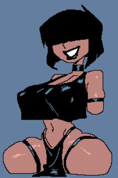 1girl absurdres amputee armless_amputee black_hair black_lips crop_top dark-skinned_female dark_skin highres legless_amputee pixel_art pxfx123 quadruple_amputee self-upload short_hair solo tagme