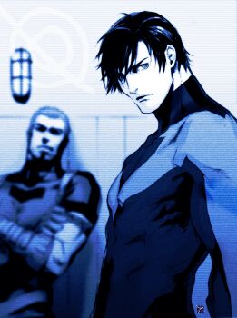 2boys 89g arsenal_(dc) batman_(series) black_hair bodysuit crossed_arms dc_comics dick_grayson green_arrow_(series) leaning male_focus monochrome multiple_boys muscular nightwing roy_harper standing