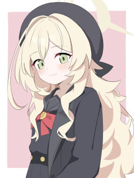 1girl beret black_coat black_hat black_sailor_collar black_serafuku black_shirt blonde_hair blue_archive border bow bowtie closed_mouth coat commentary_request green_eyes hair_intakes halo hat highres light_blush long_hair looking_at_viewer open_clothes open_coat pink_background professor_niyaniya_(blue_archive) red_bow red_bowtie sailor_collar school_uniform serafuku shirt si_shirono side_ahoge sidelocks simple_background smile solo upper_body white_border yellow_halo