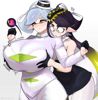 +_+ 2girls ? ?? absurdres bare_shoulders blush breasts callie_(splatoon) choker cousins dress earrings female_focus gloves grabbing_another&#039;s_breast grabbing_from_behind groping gus_(emmarrgus) highres huge_breasts jewelry marie_(splatoon) mole mole_under_eye multiple_girls nintendo off-shoulder_dress off_shoulder pointy_ears splatoon_(series) sweatdrop tentacle_hair yellow_eyes yuri
