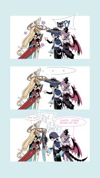 !? ... ._. 1girl 2boys absurdres ahoge alice_(genshin_impact) anger_vein annoyed aracanthus38633 arm_at_side belt black_belt black_bridal_gauntlets black_coat black_collar black_hair black_horns black_shorts black_tail blank_eyes blonde_hair blue_cape blue_gemstone blue_hat blunt_ends bridal_gauntlets brown_gloves cape clenched_hand closed_eyes closed_mouth coat collar commentary detached_collar detached_sleeves dragon_horns dress english_commentary facing_another feather_hair_ornament feathers from_side furisode gem genshin_impact gloves gold gold_halo hair_bobbles hair_ornament hand_up hat highres holding_another's_arm horns japanese_clothes jingasa kimono long_hair looking_at_another mini_durin_(genshin_impact) mini_durin_(human)_(genshin_impact) multiple_boys nervous_sweating open_mouth pants pink_wings pointing pointing_at_another pom_pom_(clothes) purple_hair purple_rope purple_sash red_dress red_sleeves rope sash scaramouche_(genshin_impact) shaded_face short_sleeves shorts spoken_animal spoken_ellipsis spoken_interrobang sweat thighhighs unworn_hat unworn_headwear very_long_hair wanderer_(genshin_impact) white_collar white_eyes white_gloves white_kimono white_pants white_sleeves white_thighhighs wind wings yellow_feathers