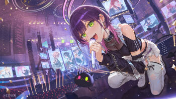 1girl :d absurdres azki_(hololive) barbell_piercing bibi_(tokoyami_towa) black_arm_warmers black_collar black_panties black_shirt breasts clothing_cutout collar commentary_request concert cropped_shirt crowd demon_girl demon_tail detached_pants ear_piercing earrings full_body gradient_hair green_eyes highres holding holding_microphone hololive hololive_dev_is hololive_english ikkia industrial_piercing irys_(hololive) jewelry looking_at_viewer medium_breasts medium_hair microphone multicolored_hair natsuiro_matsuri nekota_tsuna official_alternate_costume official_art on_one_knee open_mouth otonose_kanade panties pants panty_peek piercing pink_hair platform_shoes pointy_ears purple_hair rindo_chihaya see-through_cleavage see-through_clothes shirt shoes shoulder_cutout smile solo tail tail_ornament tail_piercing takane_lui tokoyami_towa tokoyami_towa_(shinier) torn_clothes torn_pants underwear virtual_youtuber vspo! white_shoes