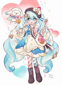 1girl 1other absurdres apron aqua_eyes aqua_hair blue_dress boots brown_boots cake closed_mouth cookie_hair_ornament dress food food-themed_hair_ornament fortissimo frilled_apron frills full_body hair_ornament hatsune_miku highres long_hair long_sleeves looking_at_viewer musical_note musical_note_hair_ornament necktie pink_necktie rabbit rabbit_yukine reaching reaching_towards_viewer solo swiss_roll twintails very_long_hair vocaloid white_apron wide_sleeves yuki_miku yuki_miku_(2026) yukichi_0529