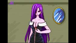 1990s_(style) 1girl animated anime_screenshot black_dress cutscene dress earrings game_cg game_console garter_straps indoors jewelry long_hair looking_at_viewer mirror panties pc_engine pink_legwear purple_eyes purple_hair purple_panties retro_artstyle seductive_smile smile sound tagme topless_female underwear undressing video video_game_screencap