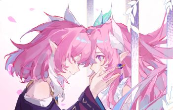 Rule 34 | 2girls, bare shoulders, chinese commentary, closed eyes, coat, commentary request, cyrene (aedes elysiae) (honkai: star rail), cyrene (honkai: star rail), cyrene (ripples of past reverie) (honkai: star rail), dual persona, earrings, hand on another's cheek, hand on another's face, highres, honkai: star rail, honkai (series), jewelry, long hair, looking at another, multicolored hair, multiple girls, pink hair, pointy ears, purple coat, purple eyes, short hair, simple background, smile, two-tone hair, very long hair, white background, white hair, youzaiyouzai143