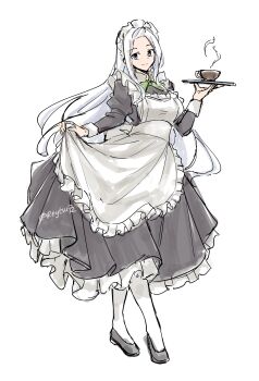 1girl absurdres apron black_dress black_shoes blue_eyes bow braid breasts commentary cup dress english_commentary fairy_tail green_bow hair_tie highres holding holding_tray large_breasts long_hair long_sidelocks maid_apron maid_headdress mirajane_strauss reytsu shoes sidelocks skirt_hold socks teacup tray twitter_username very_long_hair white_hair white_socks