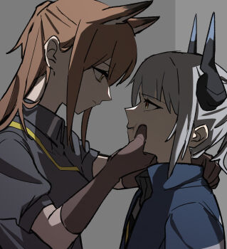 2girls animal_ears arknights black_shirt blue_jacket brown_eyes brown_gloves brown_hair closed_mouth commentary dragon_girl dragon_horns elbow_gloves eye_contact face-to-face fox_ears fox_girl franka_(arknights) from_side gloves grey_background grey_hair hand_on_another's_cheek hand_on_another's_face hand_on_another's_neck highres horns jacket kihatsuse liskarm_(arknights) long_hair looking_at_another multiple_girls profile shirt short_hair upper_body yellow_eyes yuri