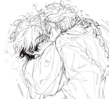 Rule 34 | 2boys, bathrobe, blush, braid, braided ponytail, breath, closed eyes, ear blush, greyscale, hug, implied sex, kiss, long hair, long sleeves, looking at another, male focus, missionary, monochrome, multicolored hair, multiple boys, robe, sex, shiguang dailiren, short hair, single braid, sketch, two-tone hair, tyoookozuki, white background, xia fei, xiao weiying, yaoi