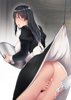 1girl ahegao anus apron ass blush breasts enema enema_syringe from_behind huge_ass large_breasts leaking leaning_forward liquid maid maid_apron no_panties open_mouth pubic_hair pussy standing toritora upskirt