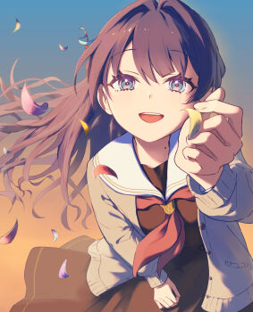 1girl absurdres birthday black_hair blue_eyes commentary_request hair_intakes half_updo hasu_no_sora_school_uniform highres jacket lao_ren_xing link!_like!_love_live! long_hair looking_at_viewer love_live! mole mole_on_neck murano_sayaka petals school_uniform solo