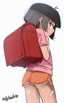 1girl adjusting_strap antenna_hair artist_name backpack bag bandaid bandaid_on_leg bandaid_on_thigh blunt_bangs blunt_ends bob_cut brown_eyes brown_hair child chromatic_aberration closed_mouth cowboy_shot dark-skinned_female dark_skin dolphin_shorts dora_marquez dora_the_explorer from_behind from_side hand_on_own_chest highres holding_strap looking_at_viewer looking_back looking_to_the_side loose_hair_strand orange_shorts pink_shirt randoseru red_bag shirt short_hair short_shorts short_sleeves shorts sideways_glance signature simple_background smile smug solo standing sydus t-shirt twitter_username white_background