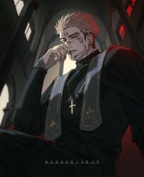 Rule 34 | 1boy, absurdres, artist name, church, cowboy shot, cross, cross necklace, ear piercing, expressionless, facial tattoo, fingernails, forehead tattoo, hand on own face, highres, indoors, jewelry, jujutsu kaisen, male focus, necklace, parted lips, piercing, pink hair, priest, r5x95r13ros, red eyes, red nails, ryoumen sukuna (jujutsu kaisen), sharp fingernails, short hair, sitting, solo, tattoo, teeth, undercut, window shadow