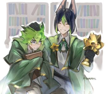 2boys animal_ear_fluff animal_ears black_hair duo_(duolingo) duolingo fox_boy fox_ears genshin_impact green_hair hair_between_eyes highres looking_at_viewer male_focus multicolored_hair multiple_boys shalfeyy short_hair simple_background smile solo tighnari_(duolingo)_(genshin_impact) tighnari_(genshin_impact)