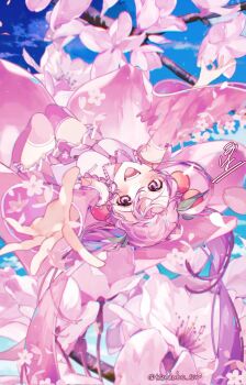 Rule 34 | 1girl, blush, cherry blossoms, cherry hair ornament, closed mouth, collared shirt, commentary request, detached sleeves, falling petals, fingernails, flower, food-themed hair ornament, hair between eyes, hair ornament, hatsune miku, long hair, long sleeves, looking at viewer, looking up, nail polish, necktie, official alternate costume, petals, pink eyes, pink flower, pink hair, pink nails, pink necktie, pink petals, pink skirt, pink sleeves, pink theme, pink trim, pleated skirt, sakura miku, see-through clothes, see-through sleeves, shirt, skirt, sleeveless, sleeveless shirt, smile, solo, tsuduho siw, twintails, very long hair, vocaloid, white shirt, wide sleeves
