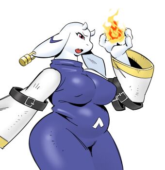 1girl adapted_costume alternate_costume animal_ear_piercing animal_ears belly blue_dress body_fur breasts claws covered_erect_nipples cowboy_shot curvy dress fang fire fireball furry furry_female goat_ears goat_girl goat_horns hand_up horns kewlbot large_breasts long_sleeves open_mouth parody plump profile pyrokinesis red_eyes redesign skin_fang style_parody toriel turtleneck turtleneck_dress undertale utdr_(toby_fox) v-shaped_eyebrows watanabe_kenji_(style) white_fur white_sleeves wide_sleeves