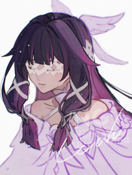 1girl angel_wings bare_shoulders black_hair closed_eyes collarbone columbina_(genshin_impact) commentary_request dress eye_mask feathered_wings genshin_impact gradient_hair gsnleah8 hair_ornament head_wings highres hime_cut lips long_hair long_sleeves mask multicolored_hair multiple_wings off-shoulder_dress off_shoulder purple_hair sidelocks simple_background smile solo teeth two-tone_hair upper_body watermark white_background white_dress white_mask wide_sleeves wings x_hair_ornament