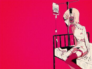 Rule 34 | 1girl, akaname (akaname 404), bandaged leg, bandages, bed, black nails, character name, commentary request, dress, facial tattoo, feet out of frame, from side, headphones, highres, hospital bed, intravenous drip, iv stand, kagamine rin, looking ahead, negative space, no mouth, number tattoo, red background, red theme, short hair, single thighhigh, sitting, solo, tattoo, thigh strap, thighhighs, vocaloid