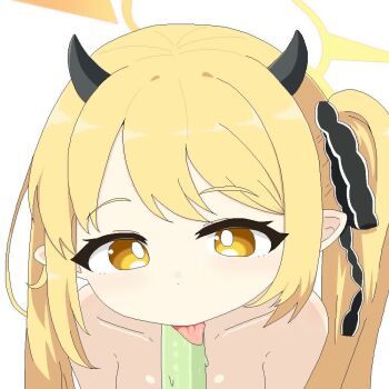 1girl animated artist_request black_horns black_ribbon blonde_hair blue_archive bright_pupils collarbone demon_horns fellatio food hair_ribbon halo horns ibuki_(blue_archive) licking loli long_hair looking_at_viewer nude oral pointy_ears popsicle ribbon sexually_suggestive side_ponytail simple_background simulated_fellatio solo tagme tongue tongue_out upper_body video white_background white_pupils yellow_eyes yellow_halo