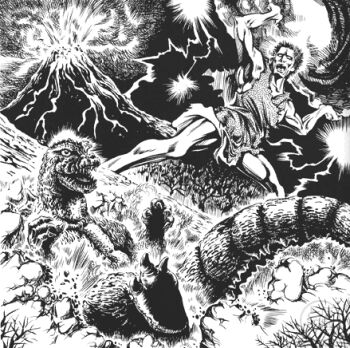 1boy boulder claws crossover dead_tree dinosaur dust electricity energy eruption fangs forest frankenstein frankenstein's_monster frankenstein_(frankenstein_vs._baragon) frankenstein_vs._baragon frankenstein_vs._godzilla giant giant_monster godzilla godzilla_(series) hariken_ryu highres kaijin kaiju lava lifting_object lightning monochrome monster mothra_vs._godzilla muscular muscular_arms muscular_legs muscular_male nature open_mouth sharp_teeth smoke spikes tail teeth toho tongue tree undead unmade_project volcano