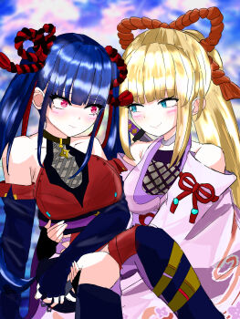 2girls absurdres bare_shoulders bgcl_mbjr_ill blonde_hair blue_eyes blue_hair carrying carrying_person commentary_request heaven_burns_red highres kanzaki_adelheid multiple_girls ponytail princess_carry red_eyes satsuki_mari