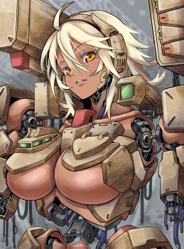 Rule 34 | 1girl, absurdres, ahoge, amputee, android, blonde hair, breasts, cable, commission, dark-skinned female, dark skin, giant, giantess, glass cockpit, highres, large breasts, looking at viewer, mecha, mecha musume, mechabare, missile pod, original, revealing clothes, robot, short hair, skeb commission, solo, take nii, torso, underboob, yellow eyes