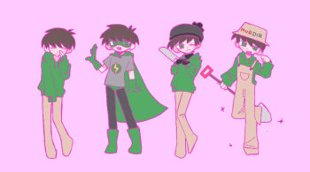 Rule 34 | 4boys, :3, :d, = =, animification, antenna hair, beanie, black gloves, black hat, black leggings, black sweater, blush, boots, brown hair, brown hat, brown overalls, brown pants, bucket hat, cape, clothes writing, commentary request, derivative work, domino mask, drawstring, edd (eddsworld), eddsworld, eye mask, full body, gloves, green boots, green cape, green eyes, green gloves, green hoodie, green mask, green shorts, grey shirt, hand up, hat, holding, holding knife, holding shovel, hood, hood down, hoodie, kawaii kaiwai, knife, leggings, looking at viewer, male focus, mask, multiple boys, multiple persona, official alternate costume, one eye closed, open mouth, overalls, pants, parody, paw pose, pink background, pom pom (clothes), print shirt, shirt, short hair, short sleeves, shorts, shovel, simple background, smile, sn se u uwu, sono bisque doll wa koi wo suru, standing, standing on one leg, straight-on, superhero costume, sweater, swept bangs, turtleneck, turtleneck sweater