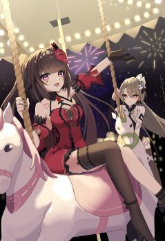 2girls bare_shoulders blunt_bangs brown_hair carousel commentary detached_sleeves dress fireworks fox_mask gloves grey_hair h2o_omizu halter_dress halterneck highres honkai:_star_rail honkai_(series) honkai_impact_3rd long_hair mask mask_on_head multiple_girls night night_sky red_dress red_eyes red_mask single_glove single_thighhigh sitting sky sparkle_(fictitious_game)_(honkai:_star_rail) sparkle_(honkai:_star_rail) symbol-only_commentary teardrop_facial_mark thighhighs twintails very_long_hair vita_(honkai_impact)