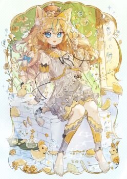1girl :3 :d animal_ear_fluff animal_ears barefoot bird blonde_hair blue_eyes blue_streaks blush cat_ears cat_girl cat_tail commentary crossed_bangs cup drinking_glass drinking_straw food food-themed_hair_ornament fruit full_body grey_shorts hair_ornament hand_up highres holding holding_cup leg_warmers lemon lemon_hair_ornament lemon_slice long_hair long_sleeves looking_at_viewer multicolored_hair nail_polish open_mouth original shirt shorts sitting smile soaking_feet solo streaked_hair symbol-only_commentary tail toenail_polish toenails tsukumi_bis twitter_username water white_shirt yellow_nails