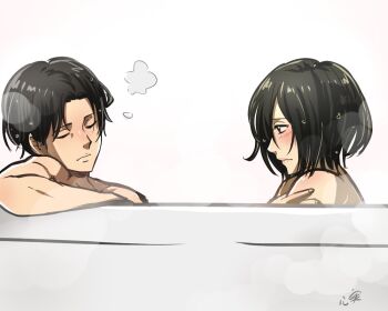 1boy 1girl affair bad_tag bath bathtub betrayal black_hair blush cheating_(relationship) covering_breasts covering_privates dirty disgrace disgust incest incestuous incestus infidelity kokomi_(aniesuakkaman) levi_(shingeki_no_kyojin) mikasa_ackerman netorare netorase out_of_character shingeki_no_kyojin simple_background trash unfaithful