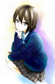 Rule 34 | 10s, 1girl, bad id, bad pixiv id, black eyes, blazer, blouse, bow, brown hair, expressionless, female focus, grey eyes, hair between eyes, hand on own face, inaba himeko, jacket, kakeru0117, kakeru (artist), kokoro connect, looking at viewer, plaid clothes, plaid skirt, pleated skirt, school uniform, shirt, short hair, simple background, skirt, solo, squatting, white background, white shirt