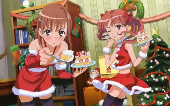 00s 2girls artistic_error blush brown_hair cake cake_slice christmas christmas_tree dress feeding food hair_ornament hairclip hara_shuuichi highres incoming_food minidress miniskirt misaka_mikoto multiple_girls pastry pov_feeding reference_work santa_costume santa_dress shirai_kuroko short_hair skirt thighhighs toaru_kagaku_no_railgun toaru_majutsu_no_index twintails wreath zettai_ryouiki