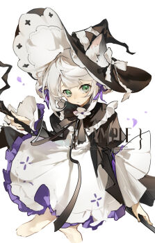 1girl black_bow black_bowtie black_dress black_hat blunt_bangs bow bowtie closed_mouth cropped_legs dress frilled_sleeves frills green_eyes hat hat_bow highres long_sleeves looking_at_viewer original sample_watermark short_hair simple_background solo watermark white_background white_bow white_hair wide_sleeves witch_hat zeriko