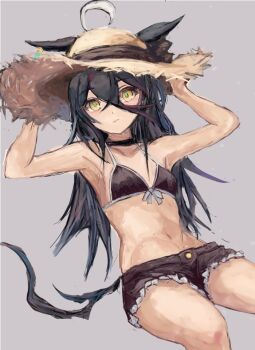 1girl ahoge animal_ears bare_shoulders bikini bikini_top_only black_bikini black_hair black_shorts breasts closed_mouth collarbone commentary_request drinking_straw ear_tag earrings ears_through_headwear hair_between_eyes hair_through_headwear hat horse_ears horse_girl horse_tail jewelry long_bangs long_hair long_hair_between_eyes looking_at_viewer manhattan_cafe_(umamusume) multicolored_hair navel shorts simple_background single_earring small_breasts solo stomach sun_hat swimsuit tail umamusume white_hair yanagi_wakana yellow_eyes