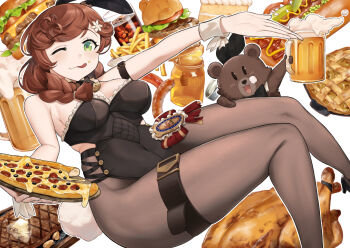 1girl :q alcohol animal_ears animalization badge beer beer_mug black_bow black_bowtie black_leotard black_pantyhose bow bowtie braid breasts brown_hair bunny_bunny_(reverse:1999) burger chicken_(food) cleavage clothing_cutout cola cup detached_collar fake_animal_ears feet_out_of_frame flower food food-themed_background food_on_face french_fries green_eyes hair_flower hair_ornament highres holding holding_tray honey_dipper honeypot large_breasts leotard low_twin_braids medium_hair mug okome_(user_kyty2373) outstretched_arm pantyhose person_and_animalization pie pizza rabbit_ears reverse:1999 sausage side_cutout solo steak strapless strapless_leotard stuffed_animal stuffed_toy teddy_bear tongue tongue_out too_much_food traditional_bowtie tray twin_braids white_background white_wrist_cuffs wrist_cuffs
