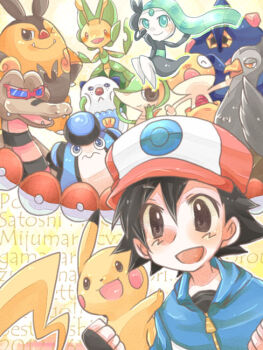 1boy ash_ketchum black_hair boldore brown_eyes child gen_1_pokemon gen_5_pokemon hat krokorok leavanny legendary_pokemon male_focus meloetta mythical_pokemon nintendo oshawott palpitoad pignite pikachu poke_ball pokemon pokemon_(anime) pokemon_(creature) scraggy snivy solo tagme unfezant